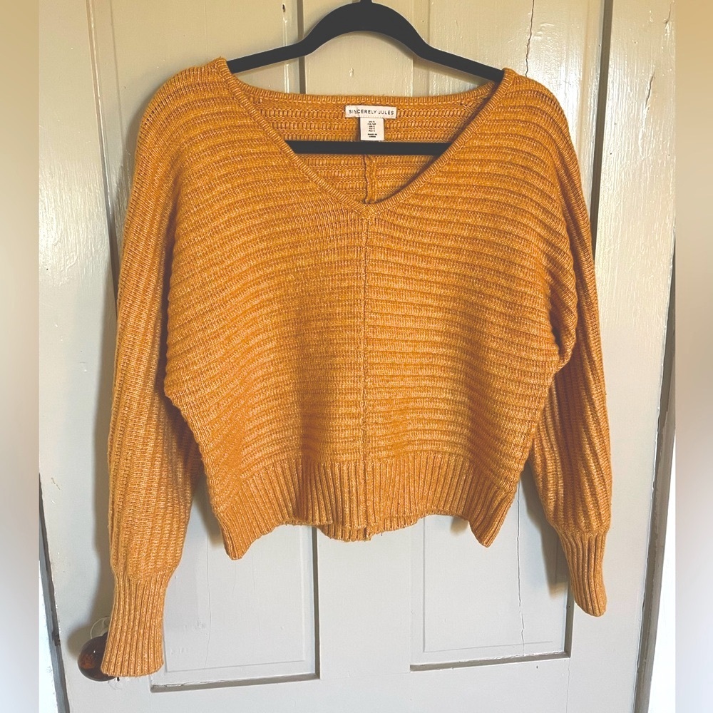 Sincerely Jules Orange Yellow V-Neck Sweater with Cropped Fit Cute Comfy Stretch